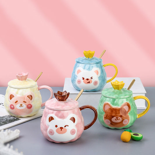 Cartoon Bear Mug with Lid – Handcrafted Ceramic Cup